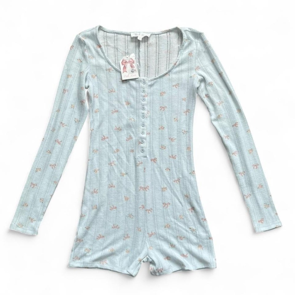 NWT Pink Rose Bow Print Pointelle Romper Pajama Loungewear Small